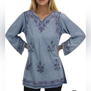 Agan Traders Long Sleeve Diamond Neck Embroidered Bohemian Tunic Top Blue Large